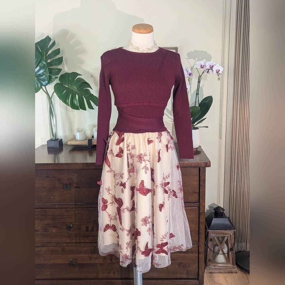 NWT CHIC WISH 3D Butterfly Mesh Knit Dress in Red XS/S